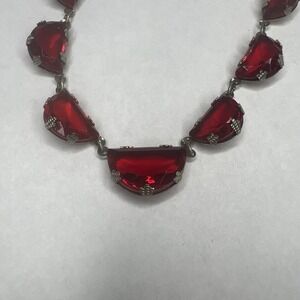 Vtg 1920s Art Deco Red Glass & Silver Necklace Choker Triangle Antique Flapper